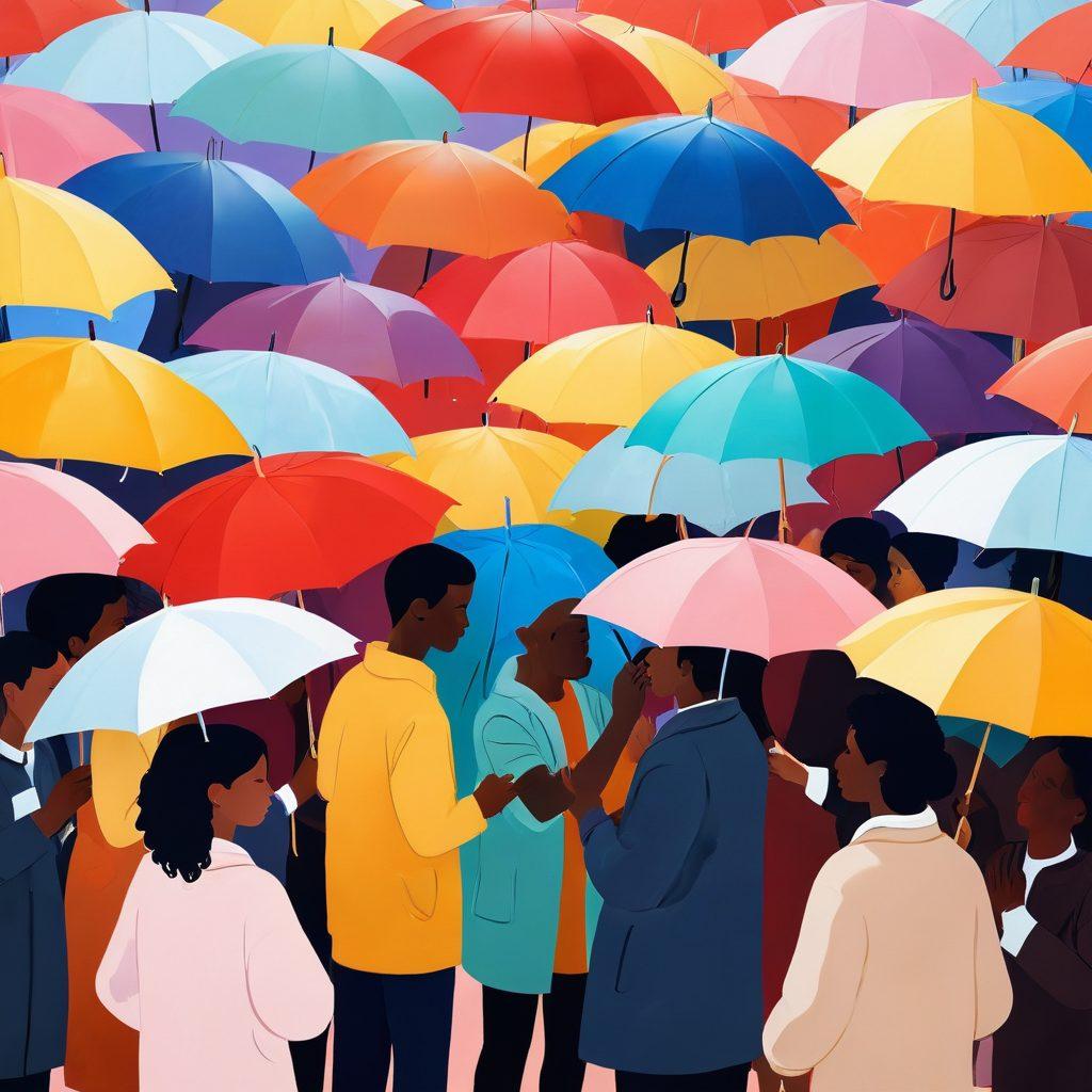 A comforting scene featuring a diverse group of people, symbolizing emotional connections, with imagery of shields and umbrellas representing protection around them. In the background, soft colors emanate warmth and trust, portraying elements like hearts and hands intertwined. The overall atmosphere conveys security in relationships supported by insurance. vibrant colors. super-realistic.