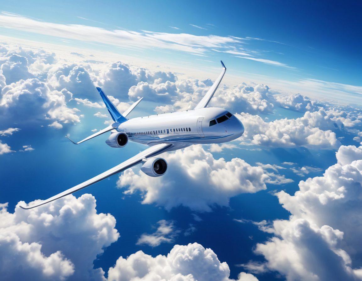 A serene aerial view of a modern airplane soaring through fluffy white clouds, with a bright blue sky in the background. Include travel insurance documents gently floating around the plane, symbolizing safety and security. The scene symbolizes the journey of navigating air travel insurance, blending adventure and peace of mind. Capture the essence of exploration and protection. super-realistic. vibrant colors. 3D.