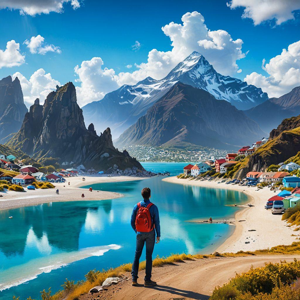 A thoughtful traveler standing at a crossroads, contemplating various insurance policy icons that float around like clouds, representing health, auto, and travel insurance. In the background, a vibrant landscape showcasing different travel destinations – mountains, beaches, and cities. The scene has a sense of adventure, wisdom, and clarity in decision-making. super-realistic. vibrant colors. white background.